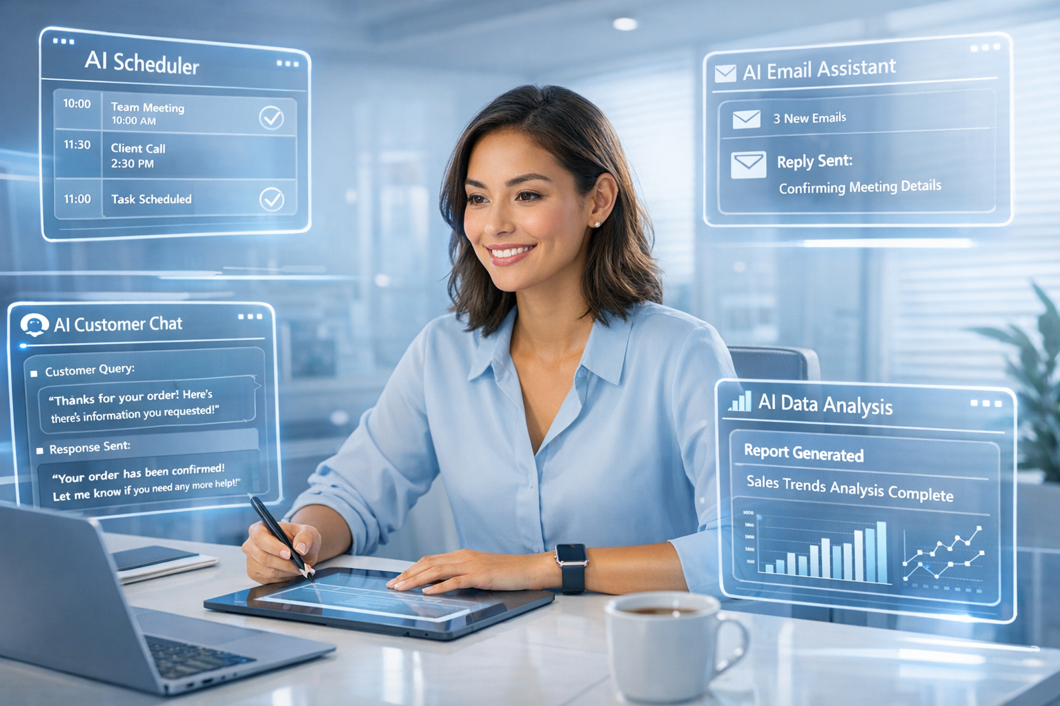 Small business owner at a modern desk surrounded by holographic AI agent dashboards completing tasks autonomously