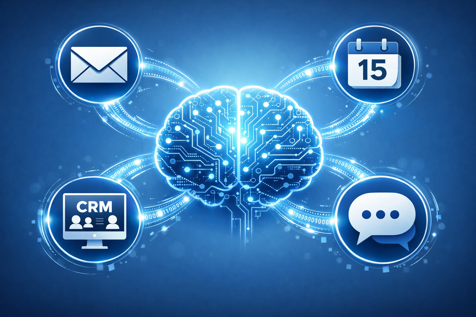 AI agent connected to business tools including email, calendar, CRM, and customer chat with flowing data streams