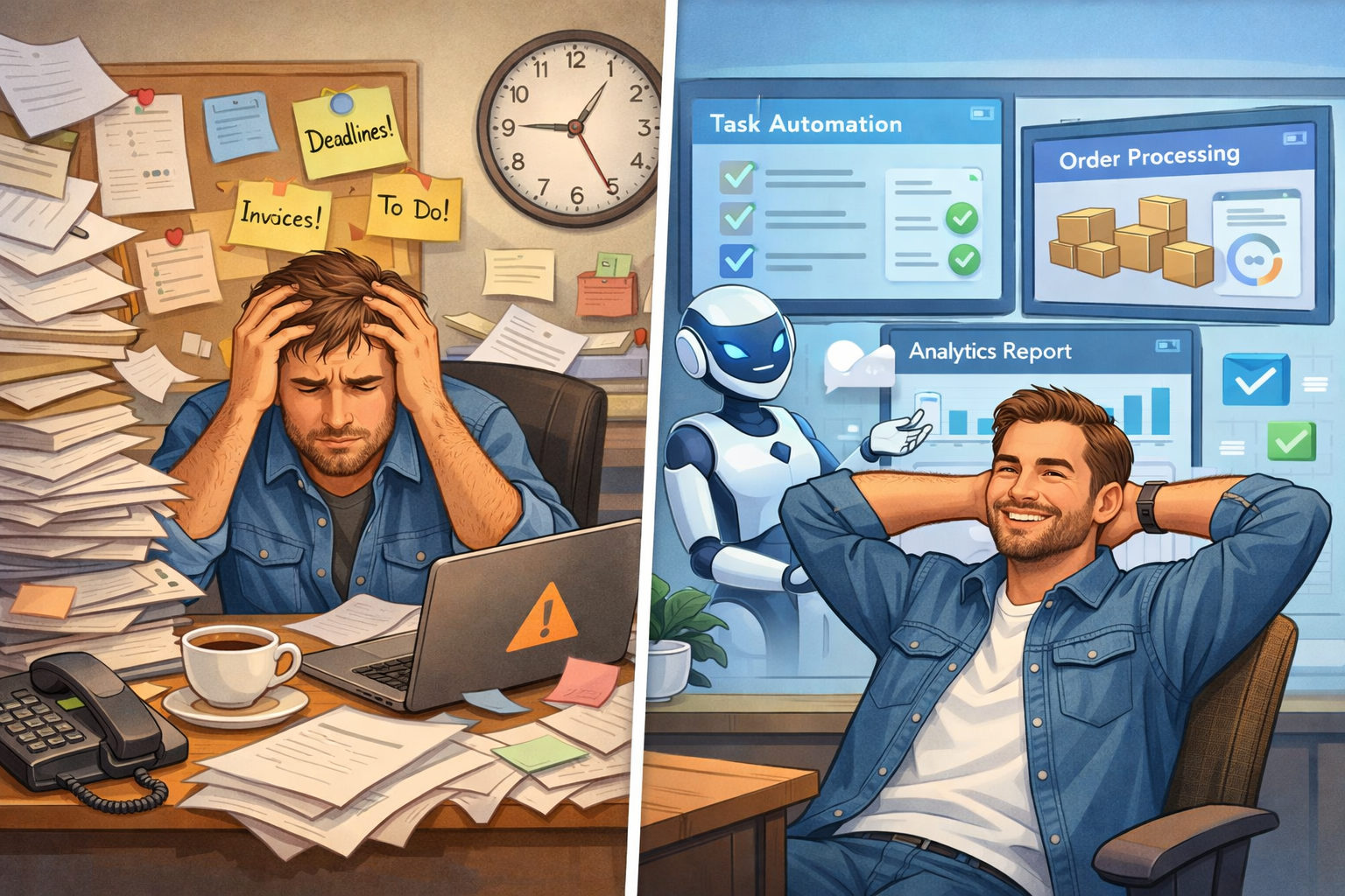 Before and after: stressed small business owner overwhelmed by tasks versus relaxed owner with AI agents handling the workload
