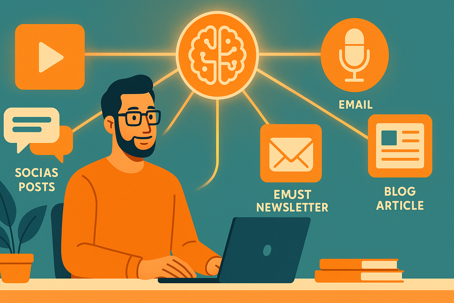 Small business owner with floating icons representing multiple content formats connected by an AI brain