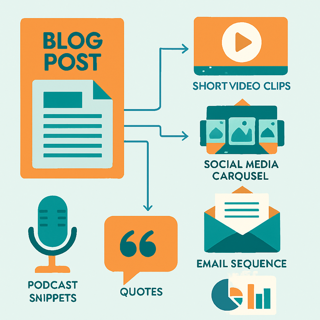 Infographic showing a single blog post branching into multiple content formats including videos, social posts, emails, and podcasts
