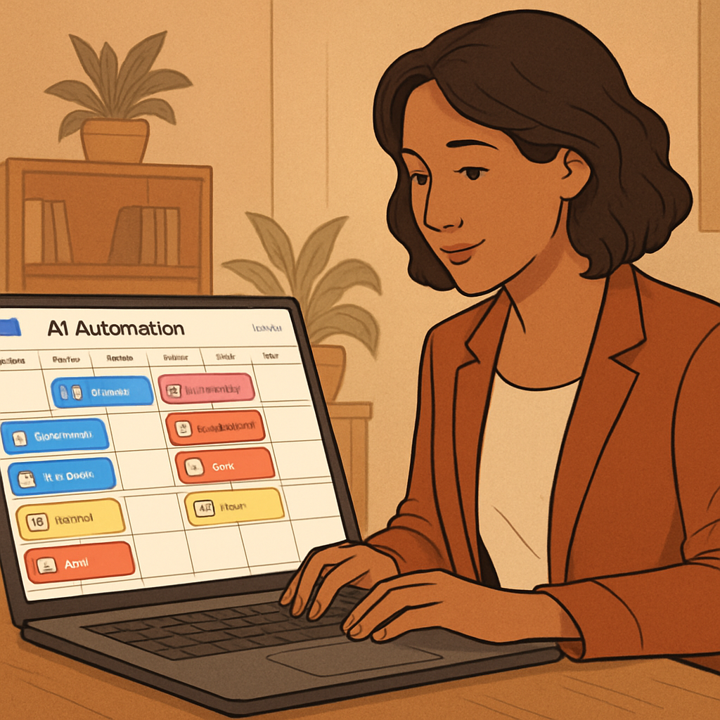 Small business owner scheduling content across multiple platforms using an AI automation dashboard with a calendar view