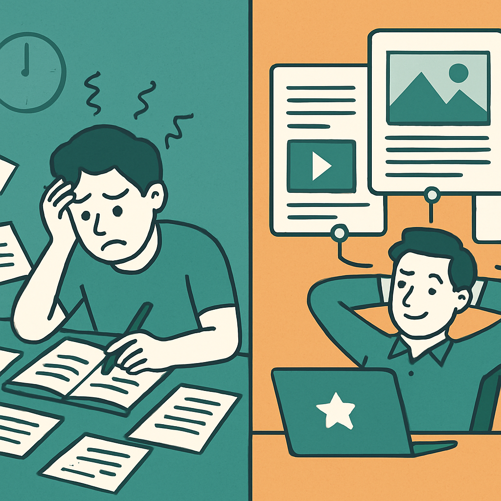 Before and after comparison showing a stressed business owner manually creating content versus a relaxed owner using AI tools