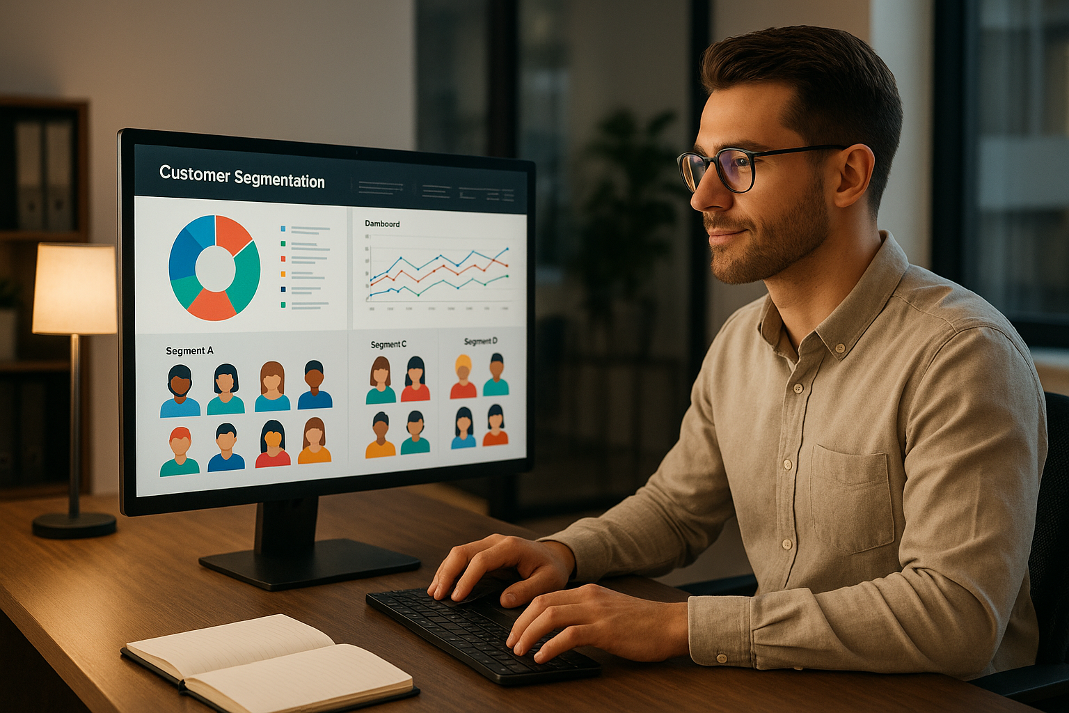 Small business owner at a desk reviewing colorful customer segmentation analytics dashboard with customer personas organized into groups
