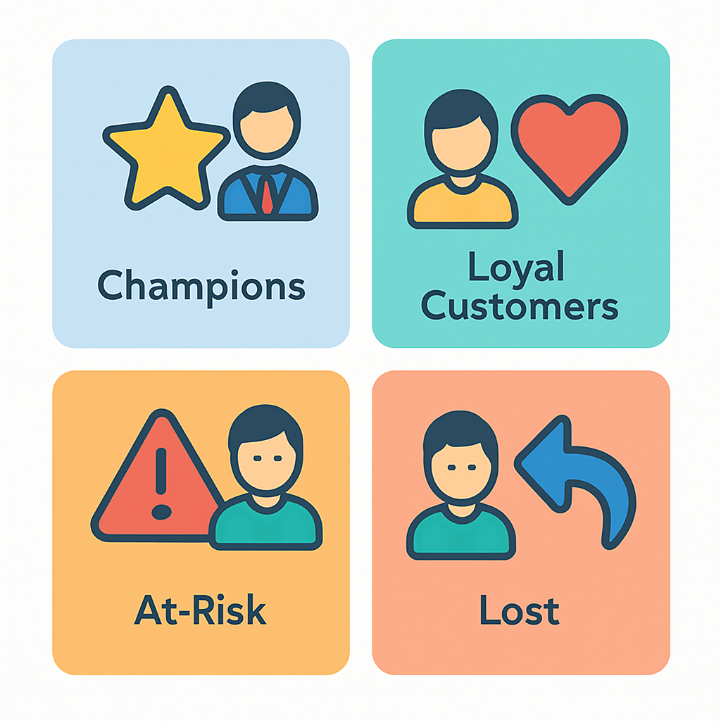 Colorful customer segment tiles showing Champions, Loyal Customers, At-Risk, and Lost segments with icons and labels