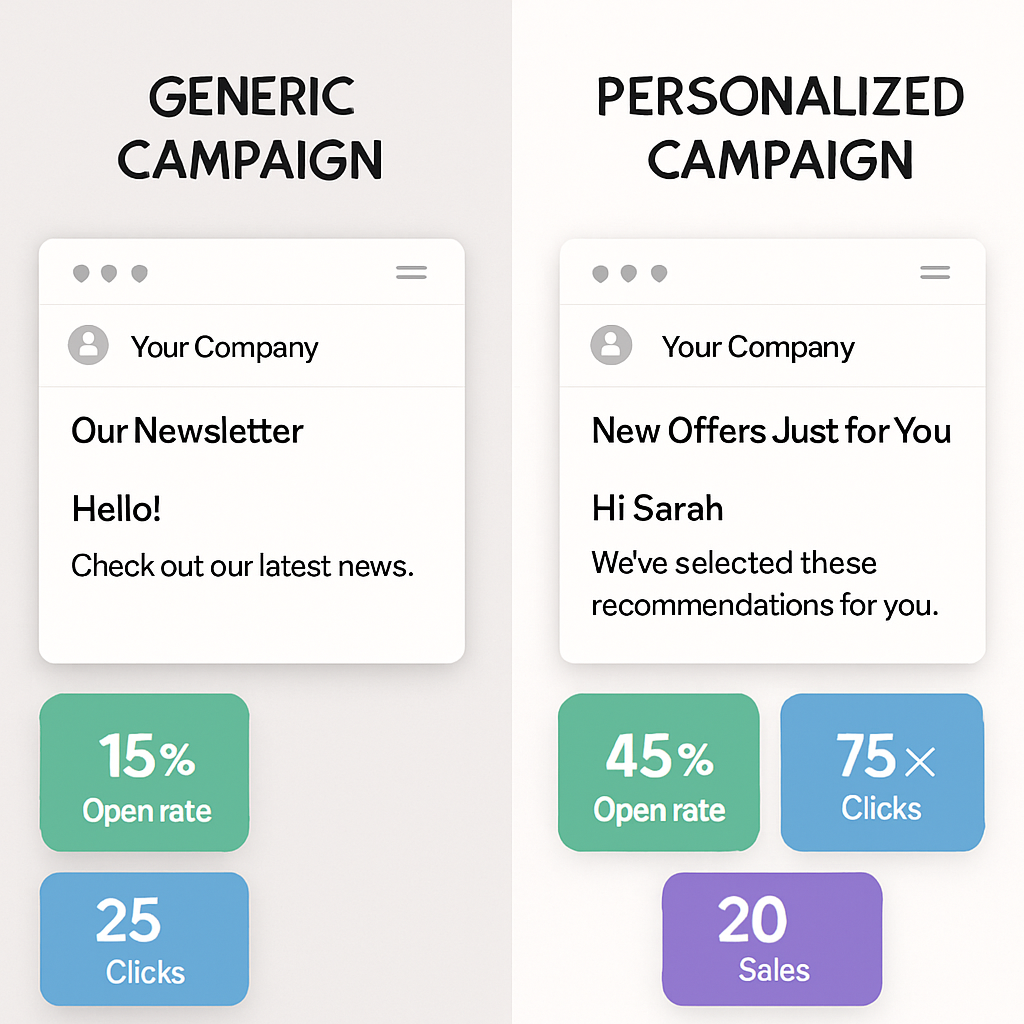 Side-by-side comparison of generic email campaign with low open rates versus personalized segmented campaign with high open rates and engagement metrics