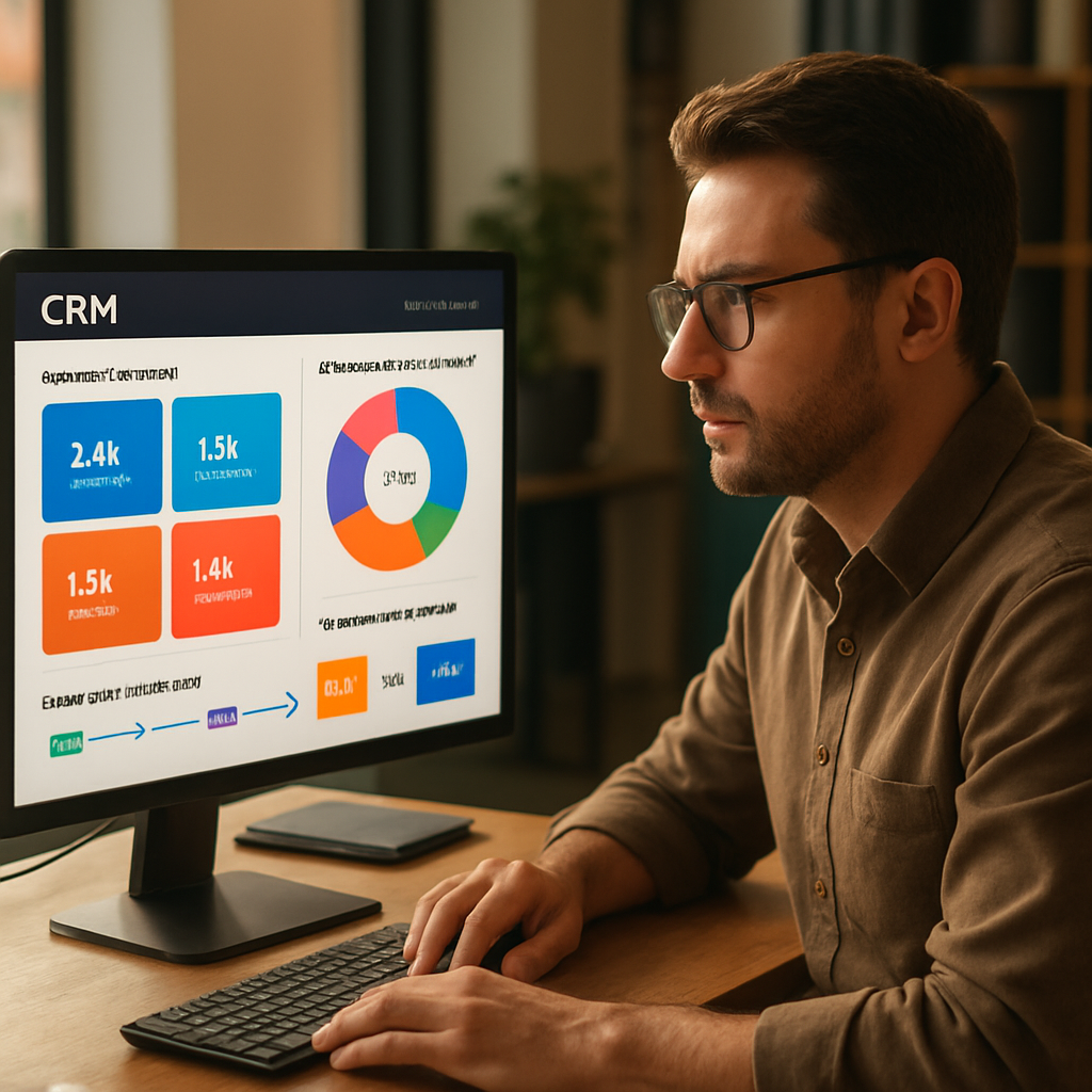 Small business owner reviewing a CRM dashboard with AI-generated customer segments and automated workflow triggers on screen