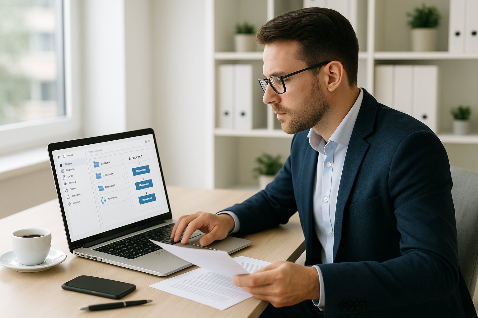 Small business owner reviewing AI-processed digital documents on a laptop in a bright, modern office