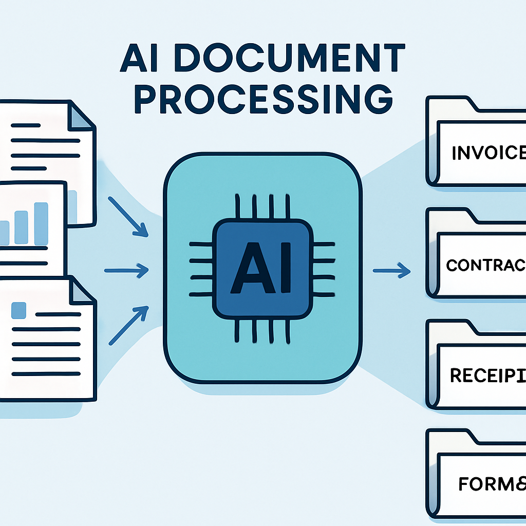 Diagram showing AI document processing workflow: documents fed into an AI engine, automatically classified and extracted, then routed to accounting, CRM, or storage