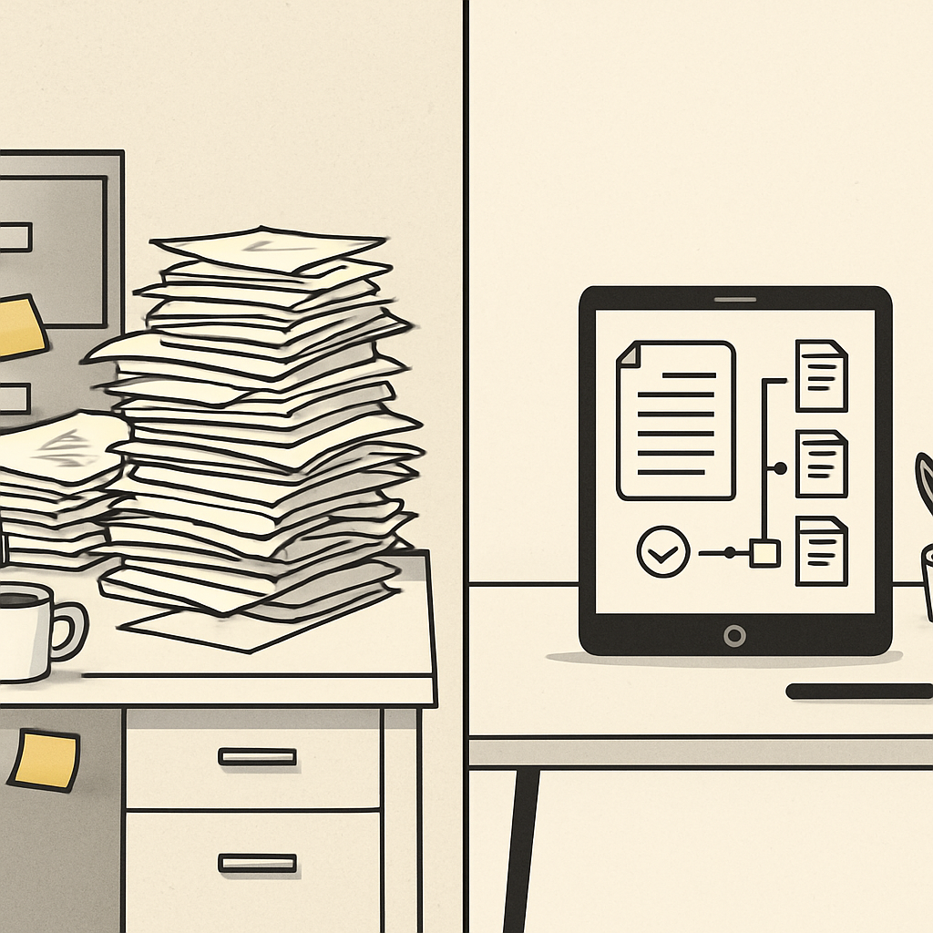 Before-and-after comparison: cluttered desk with paper stacks versus clean workspace with organized digital document dashboard