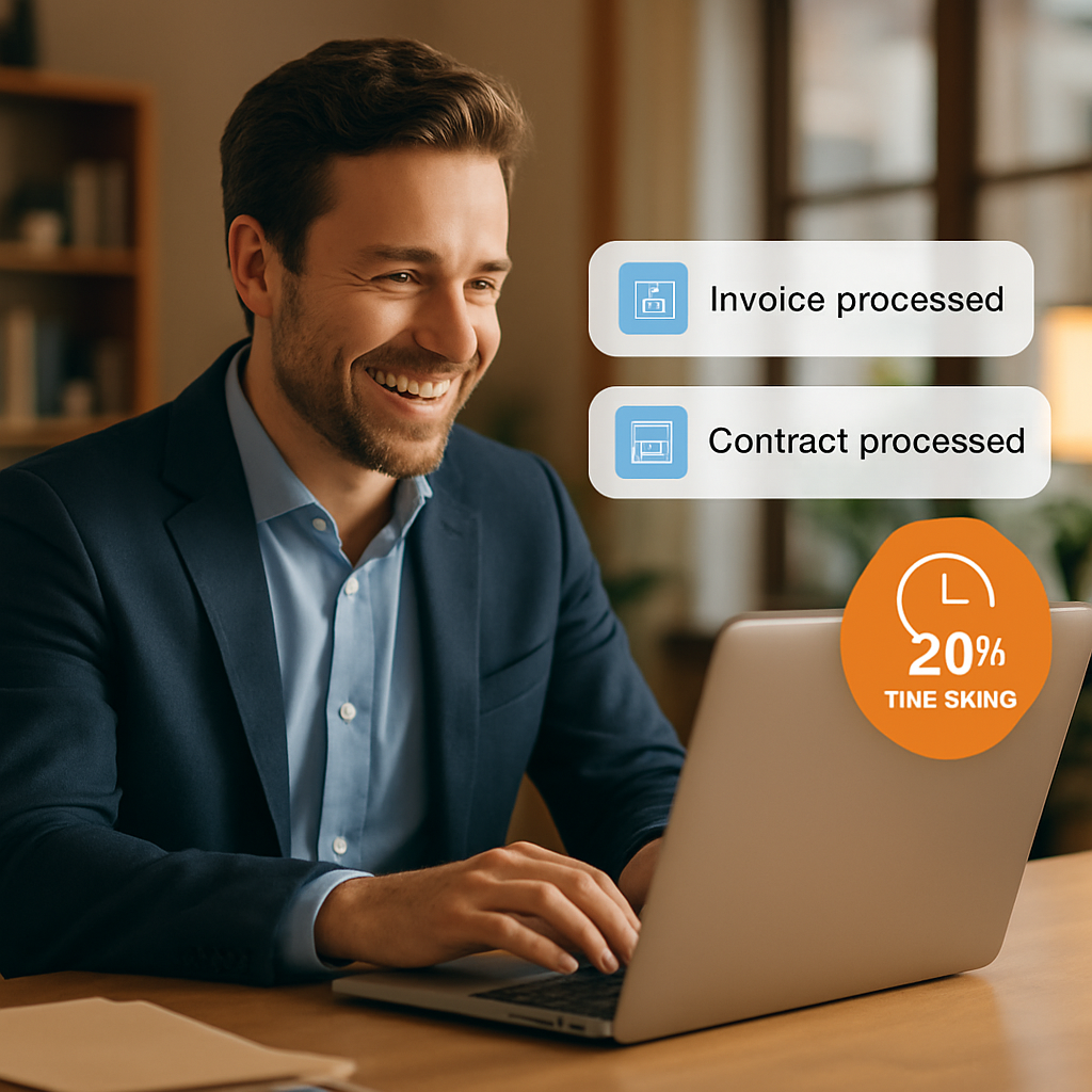 Small business owner confidently reviewing auto-processed invoices on a laptop, with a clean desk and organized digital notifications
