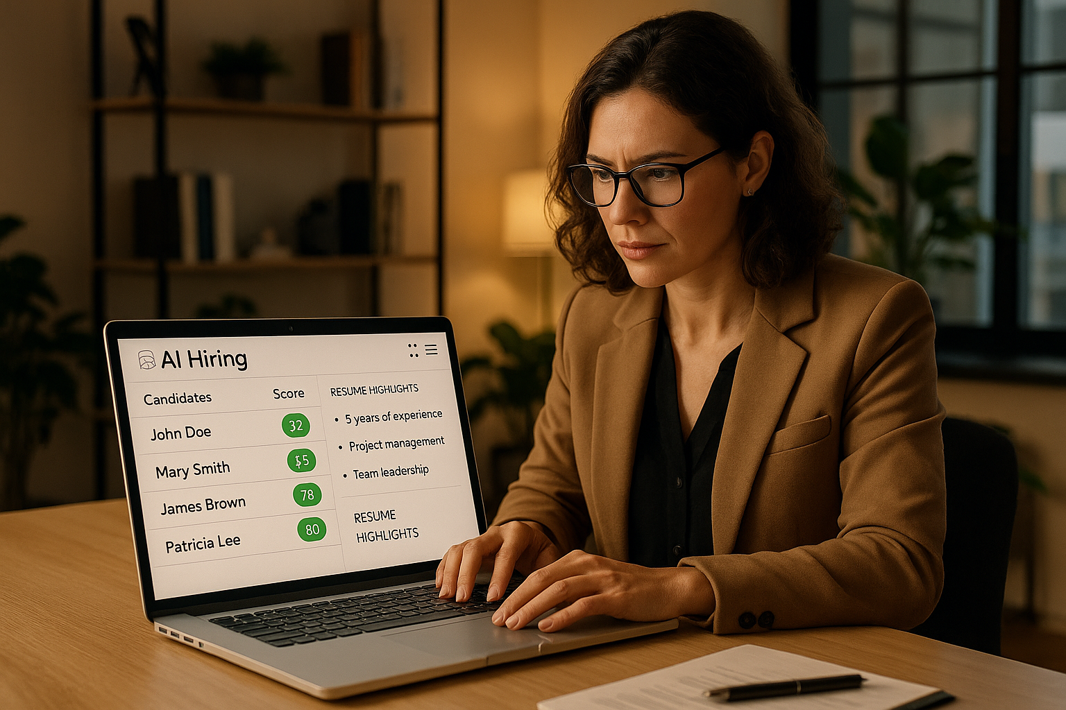 Small business professional reviewing AI-powered hiring dashboard on laptop showing candidate scores and skill matching in a modern office
