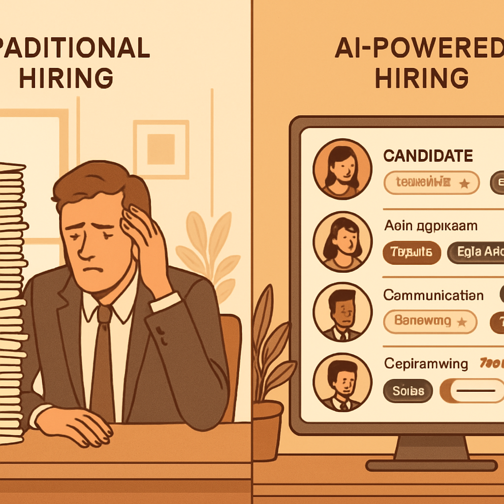 Split-screen comparison showing traditional hiring with paper resumes and stressed HR manager versus AI-powered hiring dashboard with candidate rankings and skill match percentages in a clean modern interface