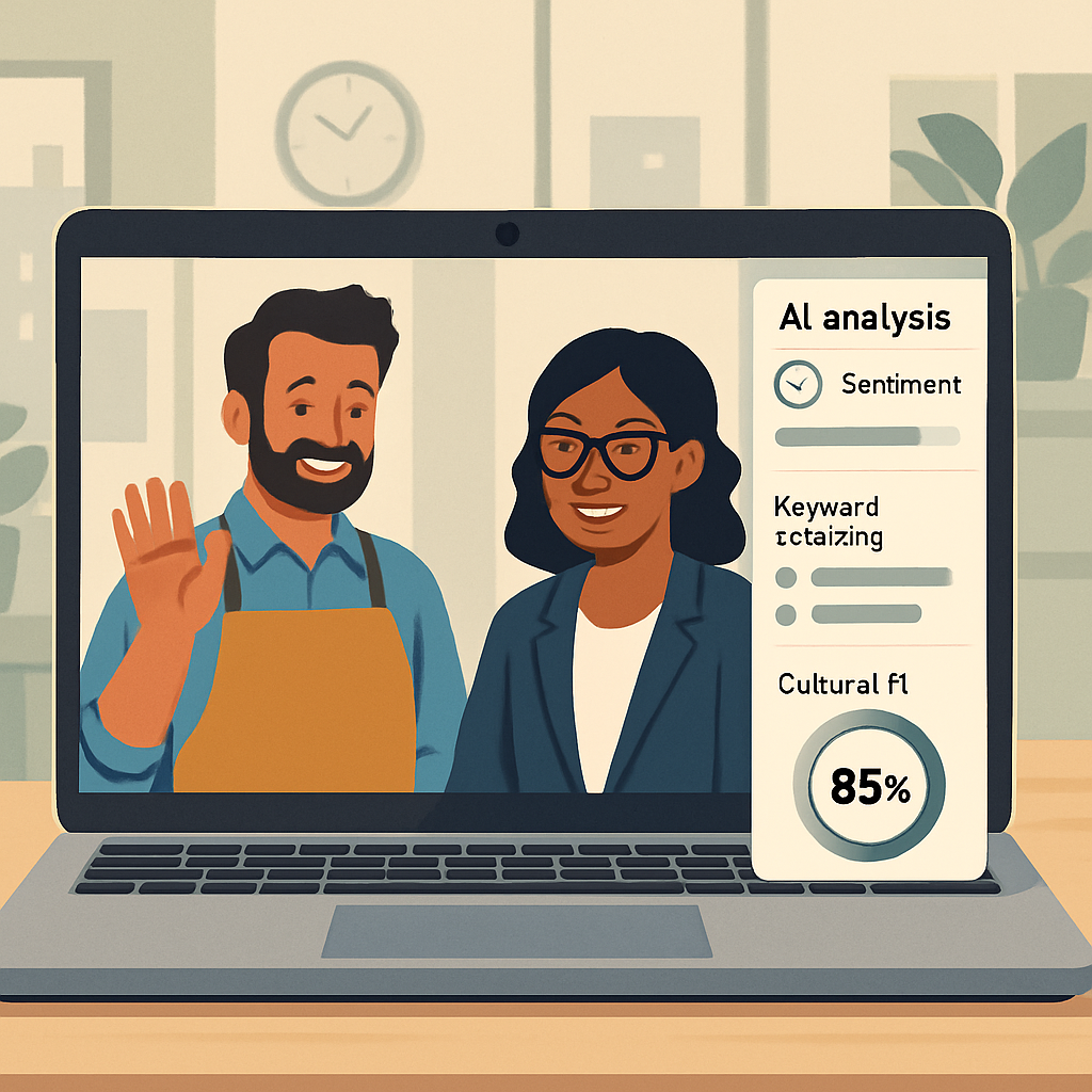 Small business owner and job candidate in a relaxed video interview call on a laptop screen with AI analysis sidebar showing sentiment analysis and cultural fit score in a modern office