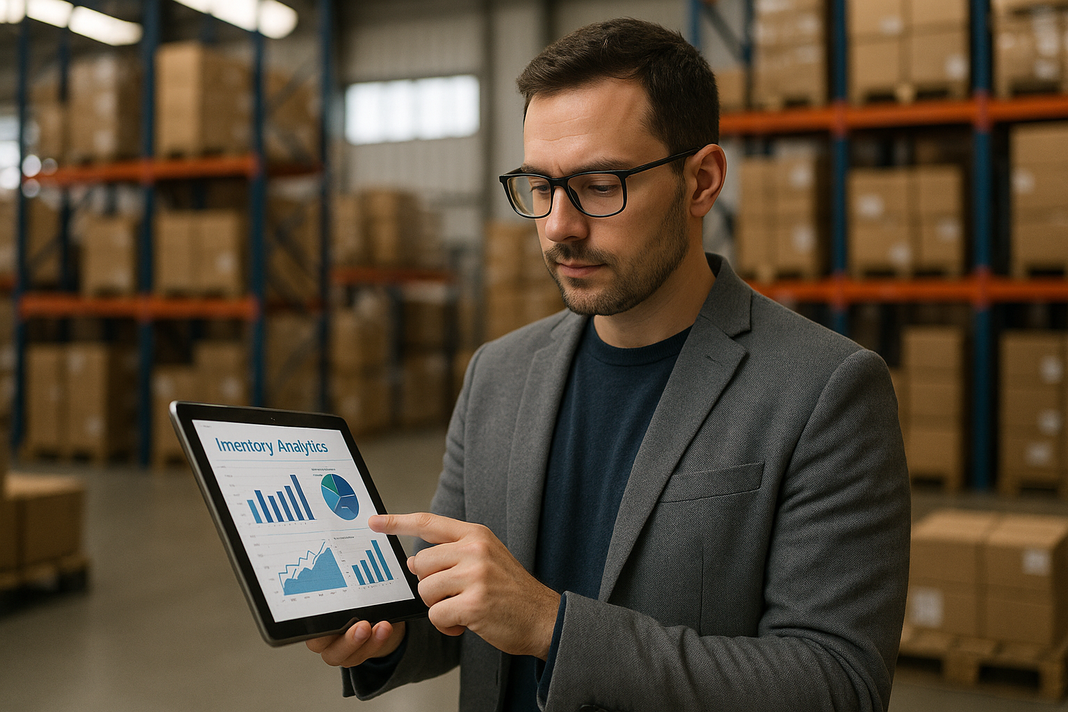 Small business owner reviewing AI-powered inventory dashboard on a tablet in a modern retail or warehouse setting