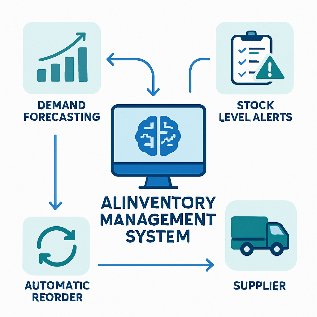 AI inventory dashboard showing real-time stock levels, demand forecasts, and automated reorder alerts across product categories