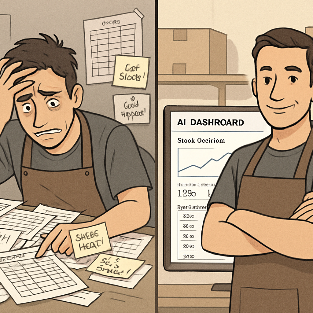 Small business owner reviewing inventory analytics on a laptop, with warehouse shelves visible in the background and a clean, organized workspace