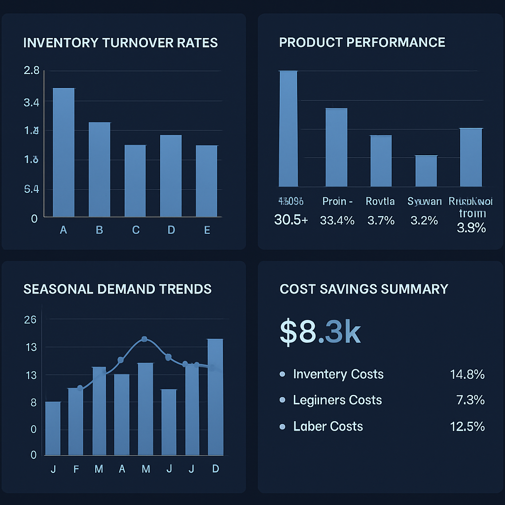 Product manager reviewing AI-generated inventory forecast charts on a dual-monitor workstation, with organized warehouse shelving visible in the background