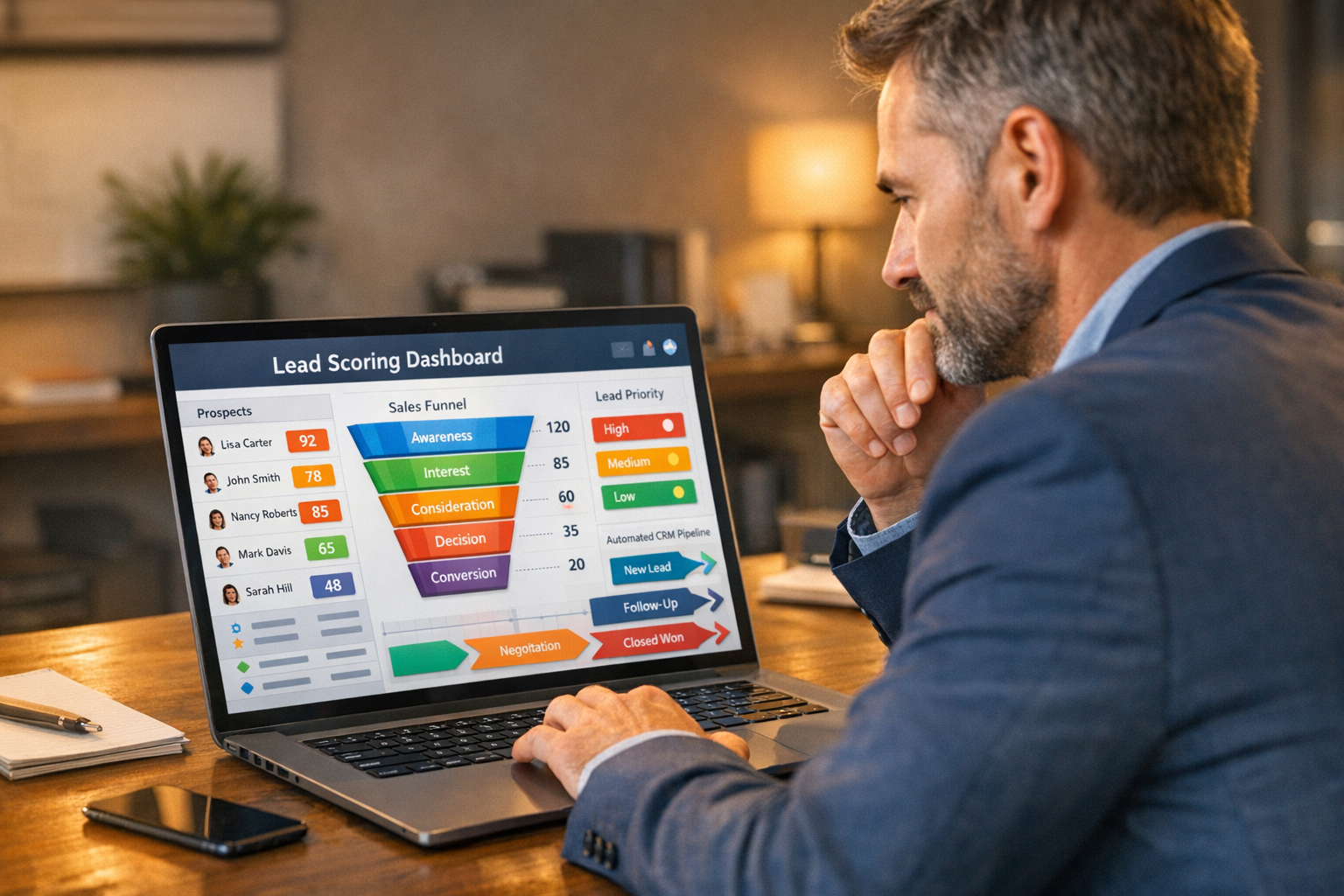 Small business owner reviewing an AI-powered lead scoring dashboard showing prospect rankings and pipeline stages