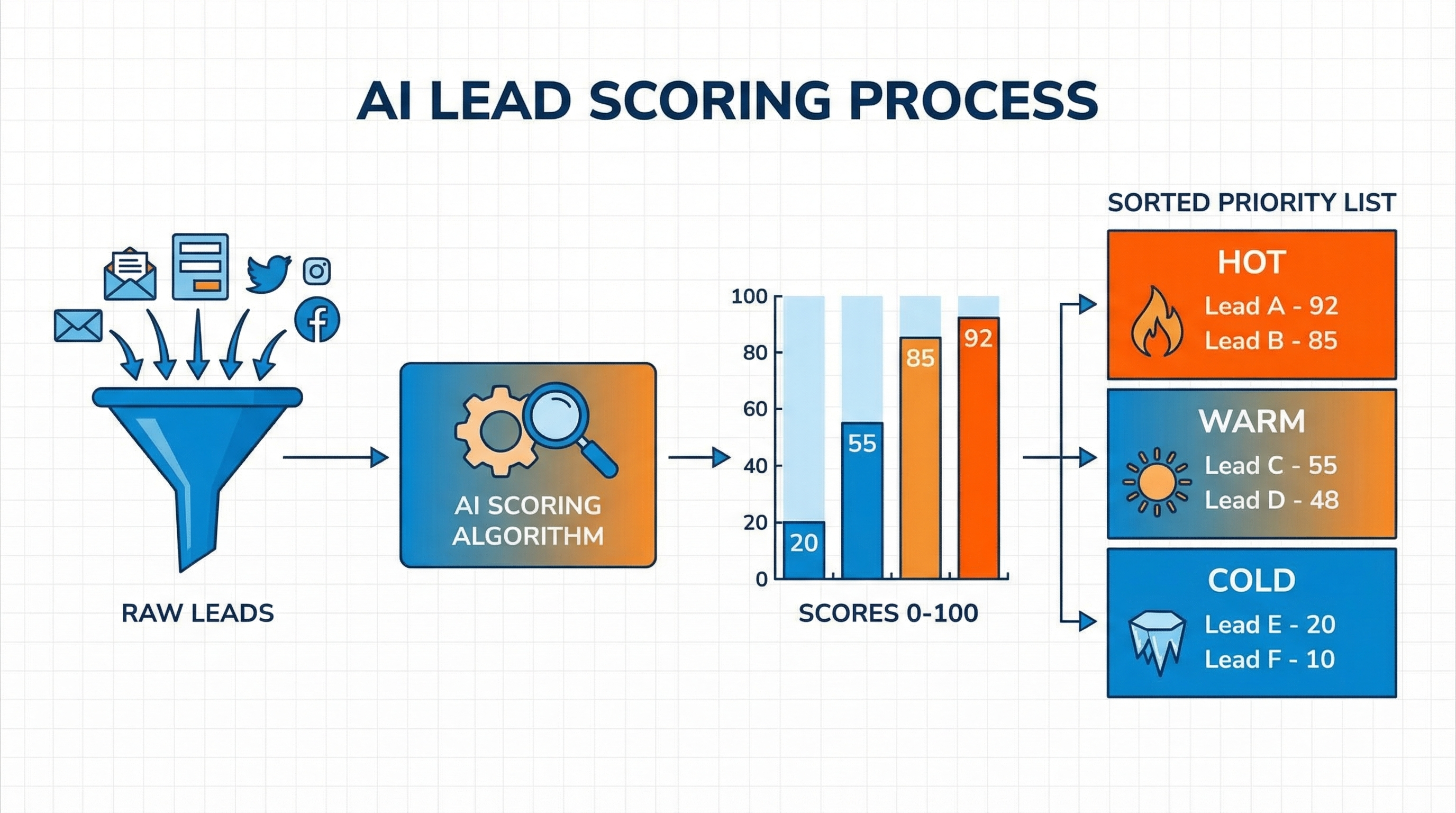 Infographic showing the AI lead scoring process: raw leads entering a funnel, algorithm assigning scores, and prioritized prospect list output