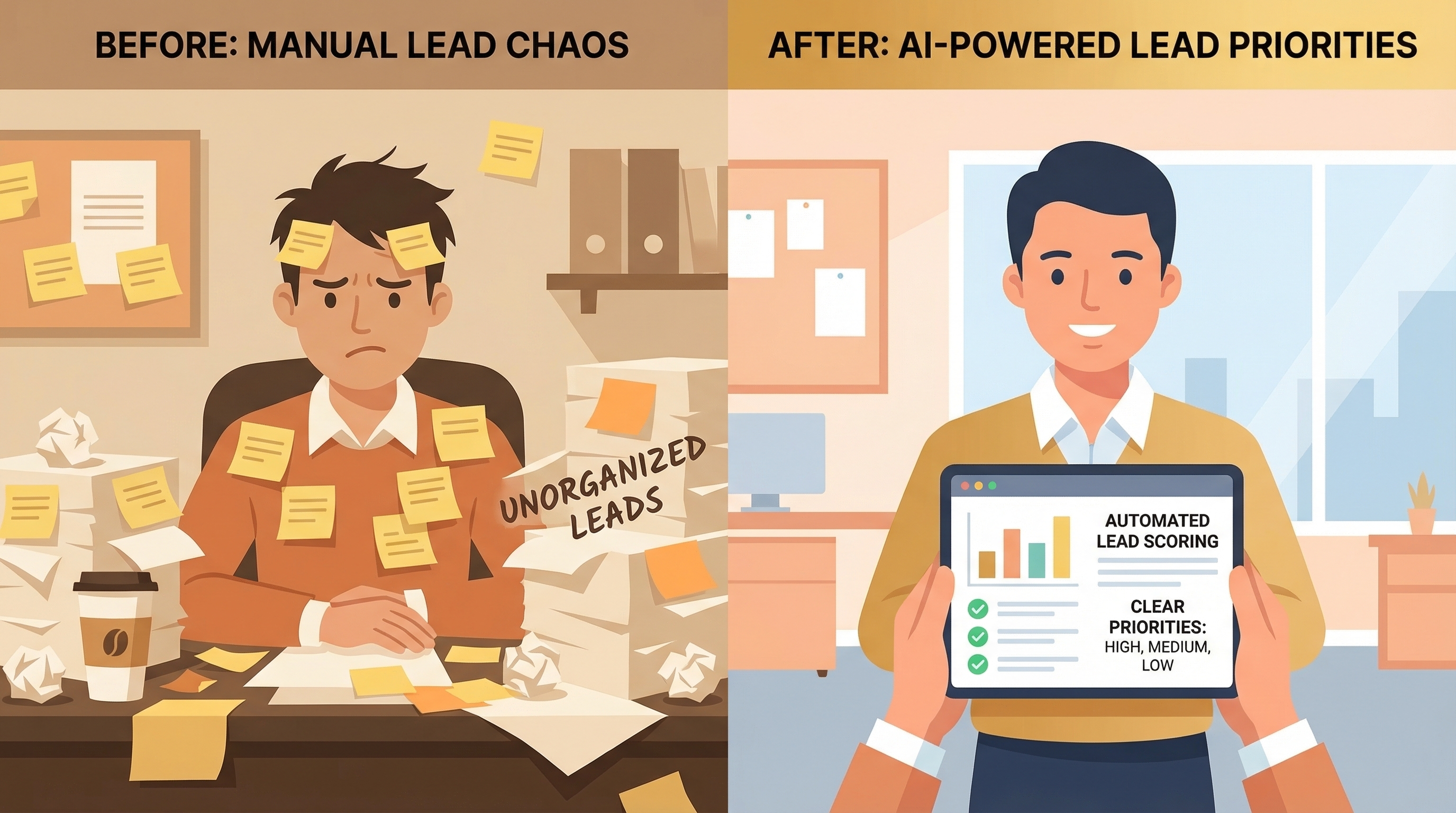 Before-and-after comparison showing manual chaotic lead tracking vs. organized AI-powered lead scoring dashboard