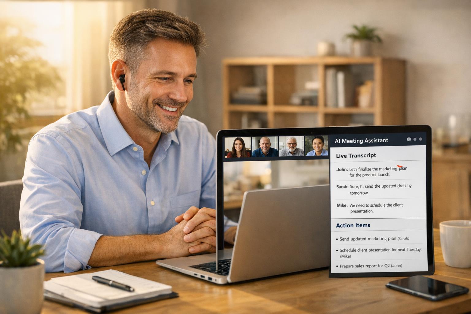 Small business owner using AI meeting assistant on laptop during video conference call