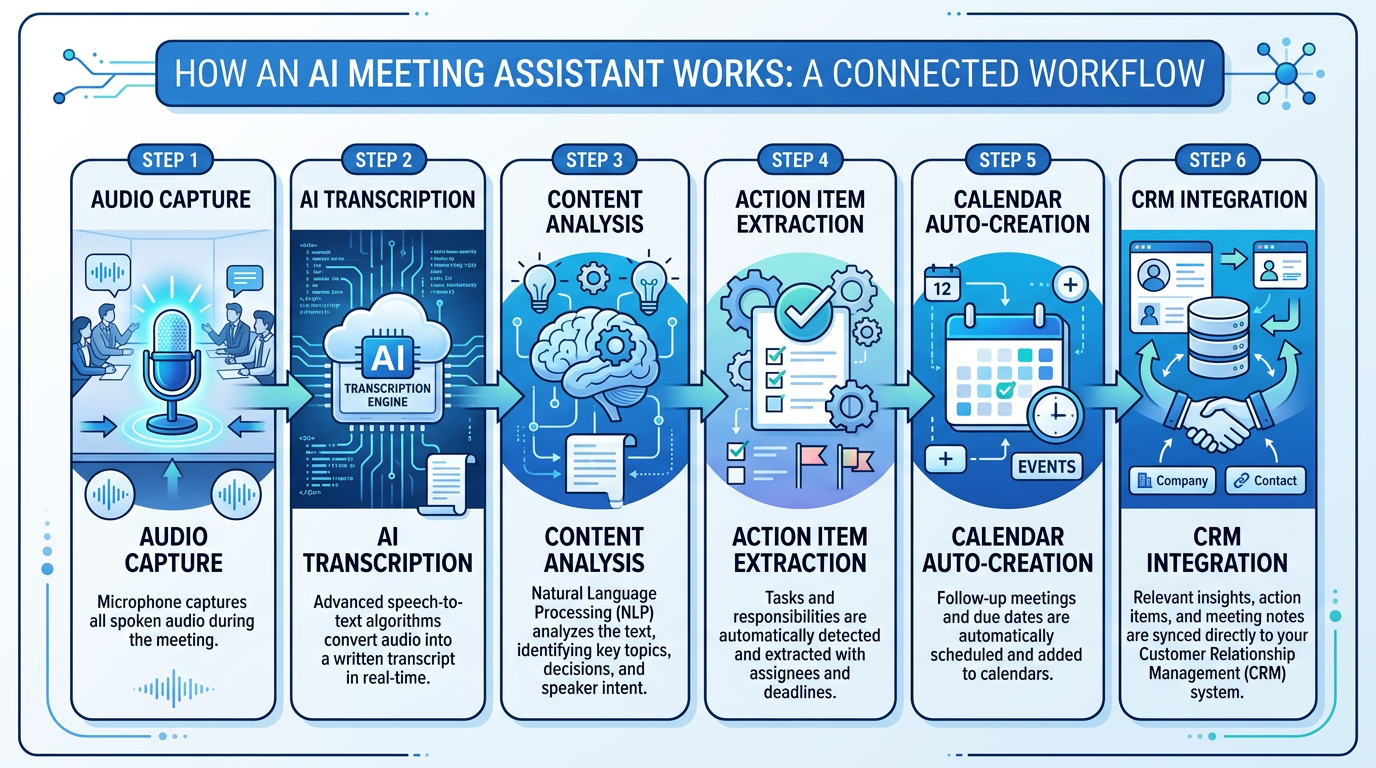 How AI meeting assistants work — transcription workflow diagram showing audio capture to action items to CRM sync