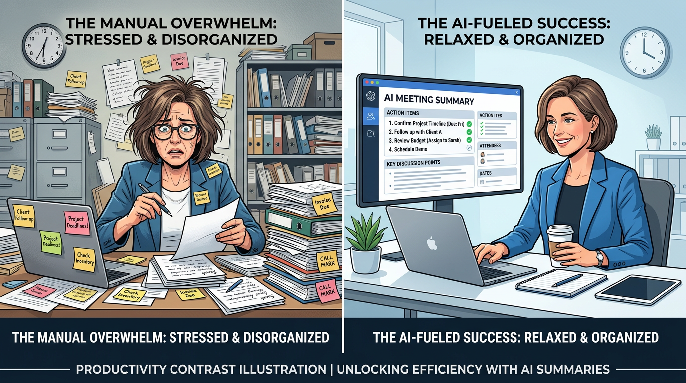 Before and after comparison: disorganized manual notes vs clean AI-generated meeting summary with action items