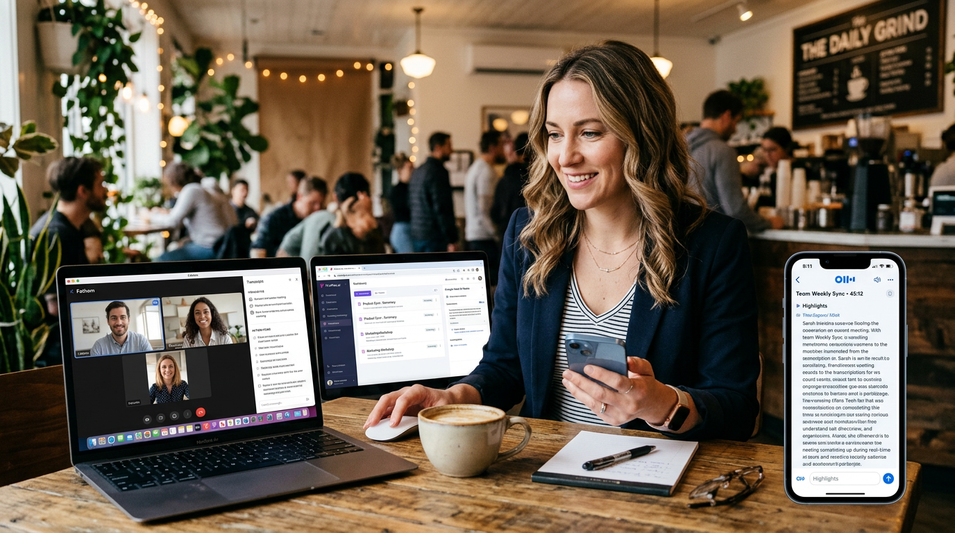 Small business professional reviewing AI meeting assistant on laptop and smartphone in a cafe setting