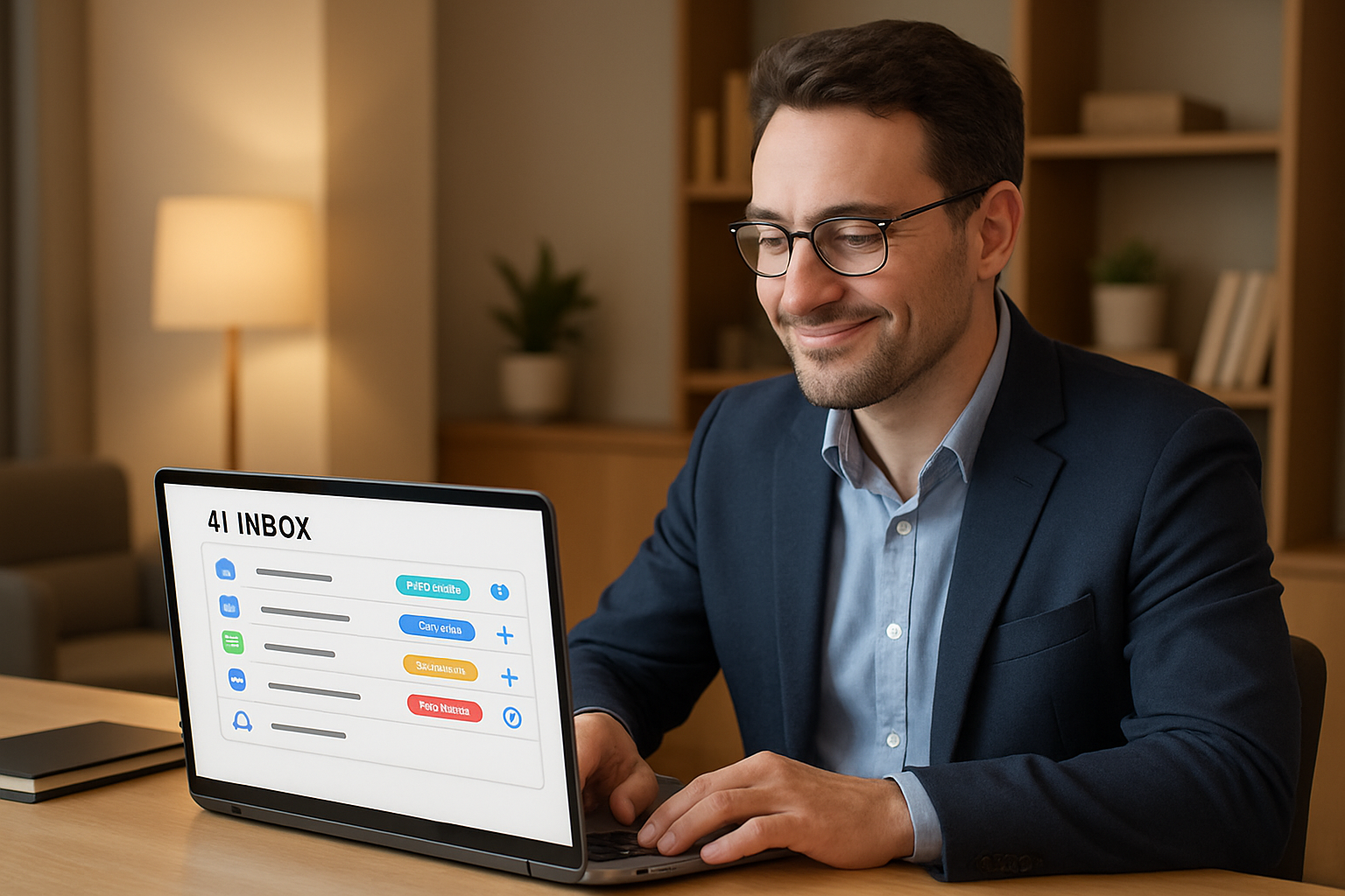 Small business owner reviewing AI-generated email responses on a laptop, with an inbox showing fast automated replies and customer satisfaction indicators