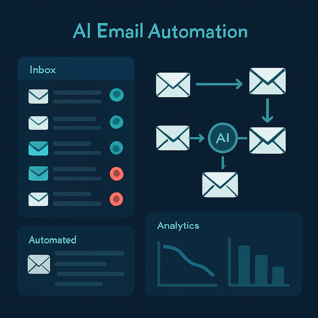 AI email automation dashboard showing inbox management, response times, and lead tracking for a small business