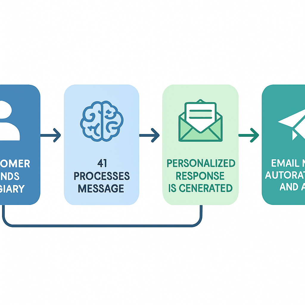 Workflow diagram showing how AI email automation routes inquiries from contact forms, processes them with AI, and sends personalized responses
