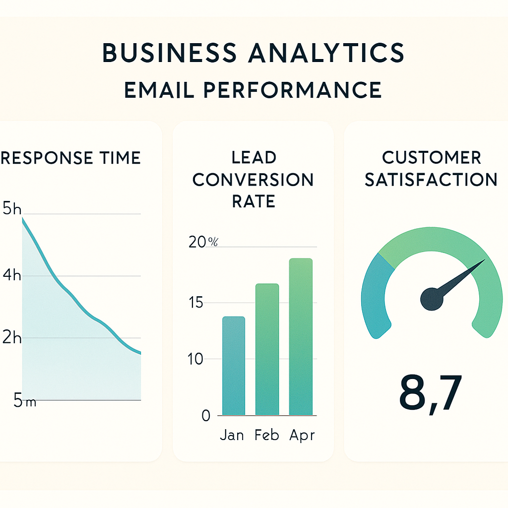 Analytics dashboard showing email response time improvements, lead conversion rates, and AI escalation metrics for a small business