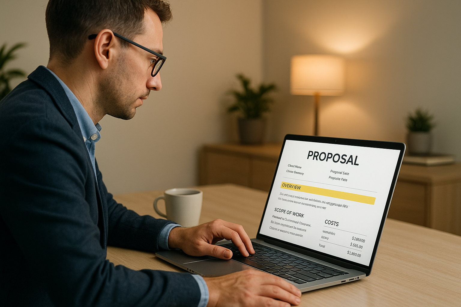 Small business owner reviewing a polished AI-assisted proposal on their laptop at a modern desk