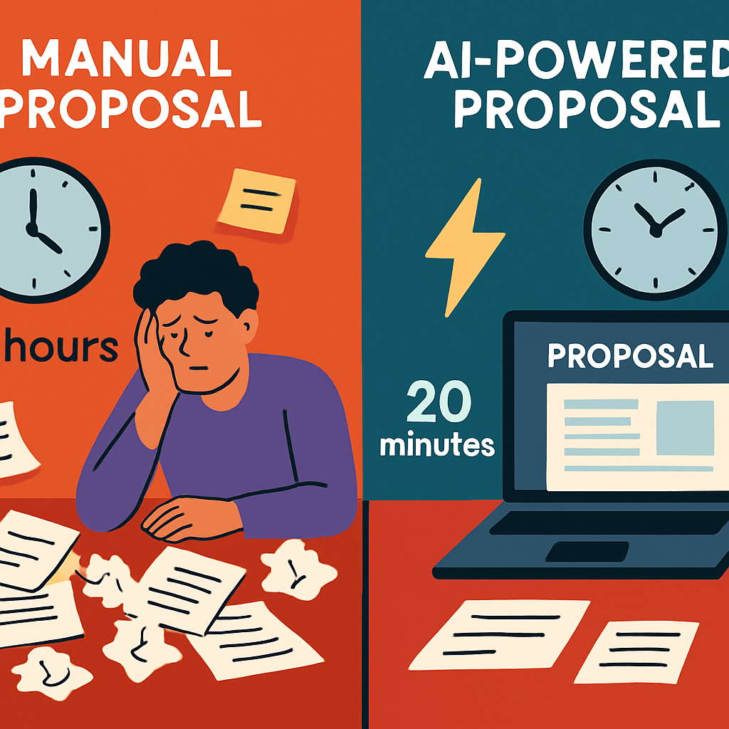 Split-screen infographic comparing manual proposal writing (messy papers, hours spent) versus AI-powered proposals (clean digital template, minutes saved)
