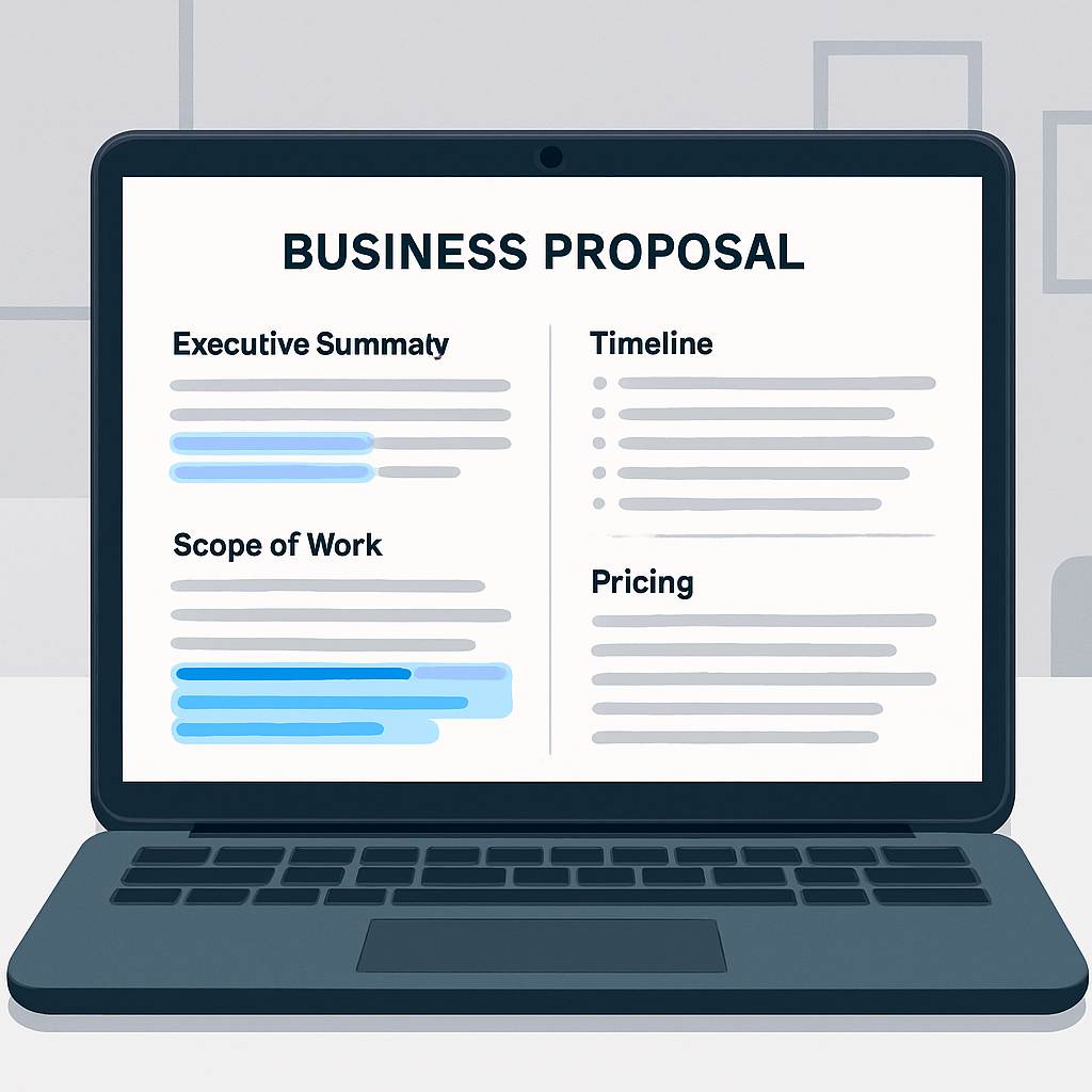 Laptop screen showing a business proposal template with AI-highlighted text suggestions for the executive summary, scope, and pricing sections
