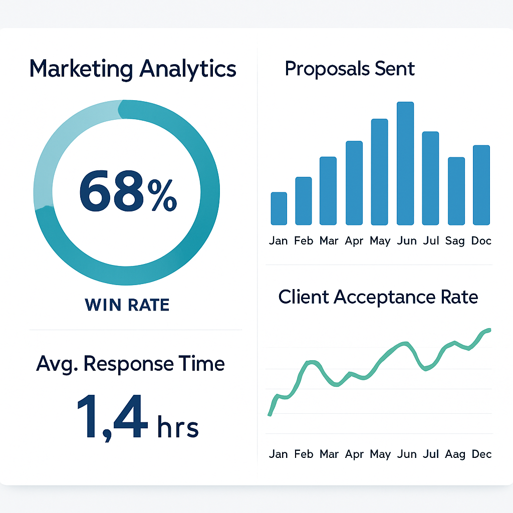 Proposal performance dashboard showing win rate gauge, monthly proposals chart, average response time, and acceptance rate trend
