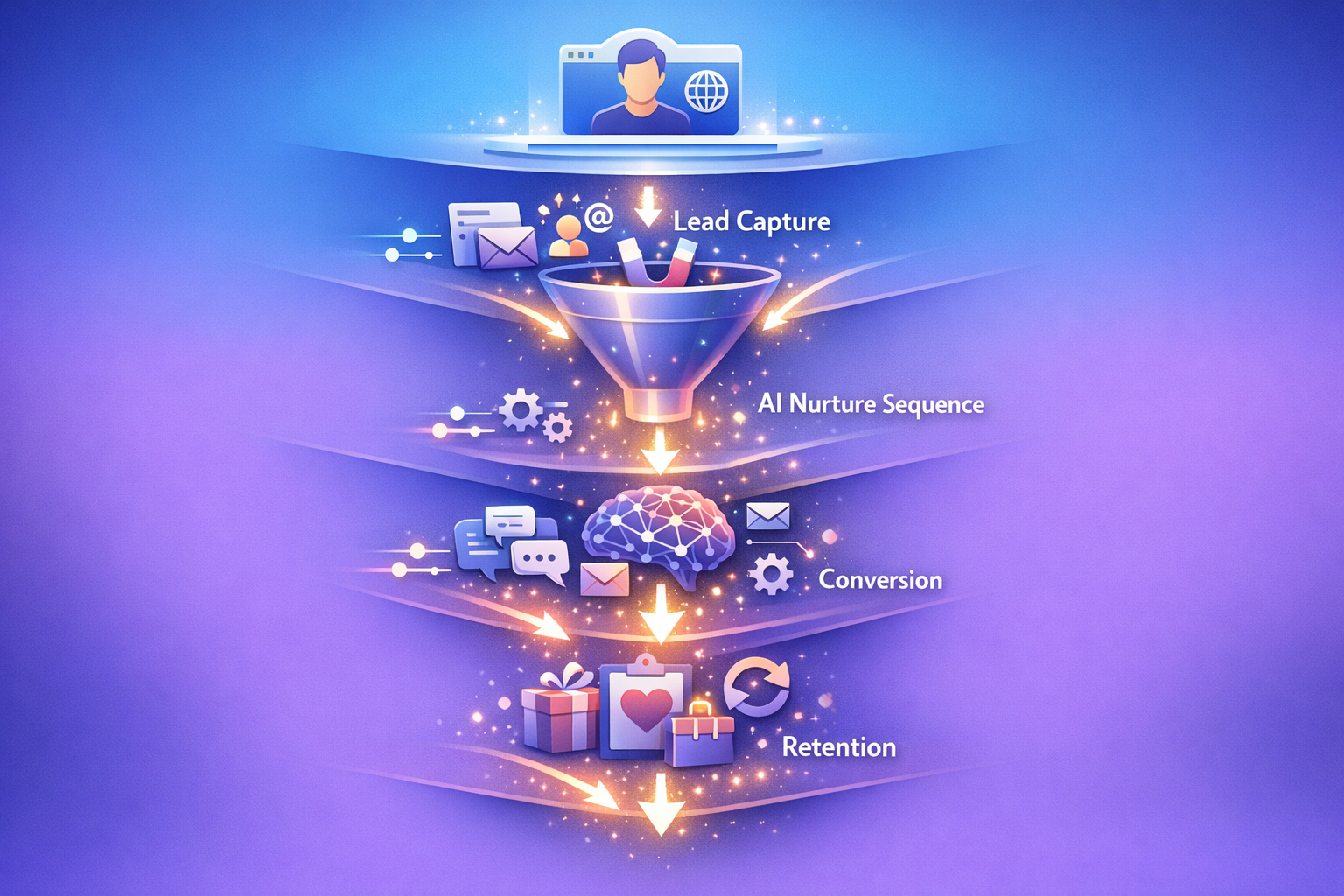 Automated sales funnel diagram showing stages from lead capture through conversion and retention connected by glowing automation arrows in blue and purple