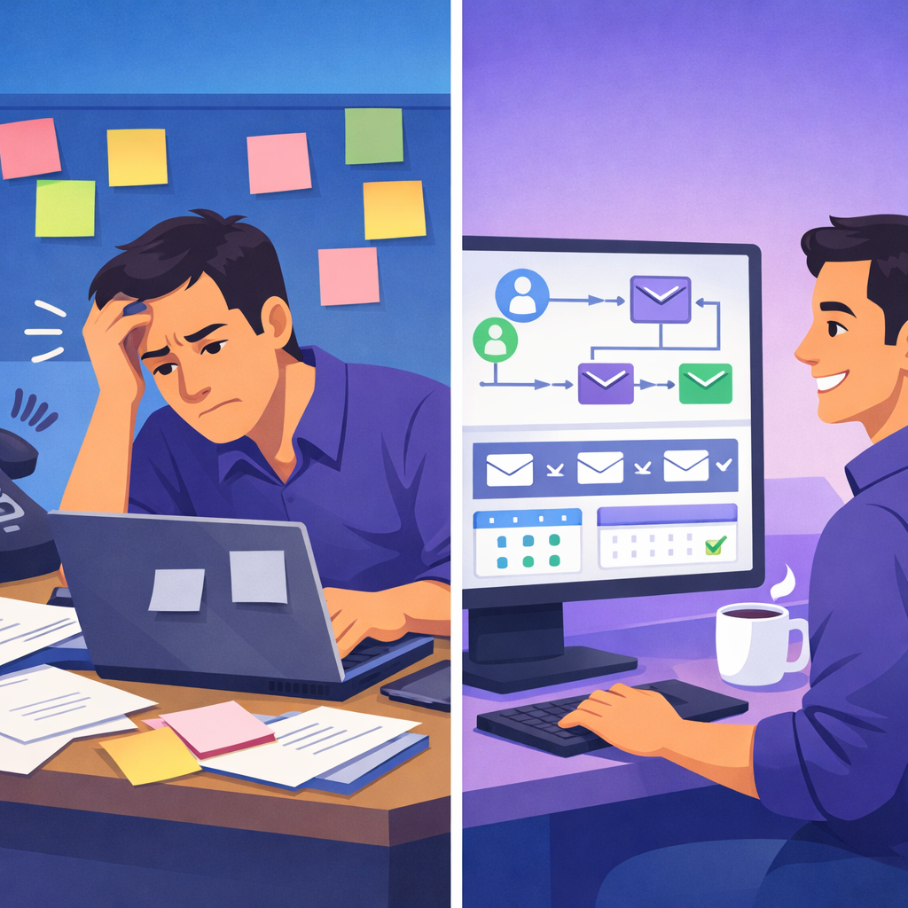 Split-screen comparison showing a stressed small business owner manually managing leads versus a relaxed owner with an automated dashboard handling email sequences and appointment booking