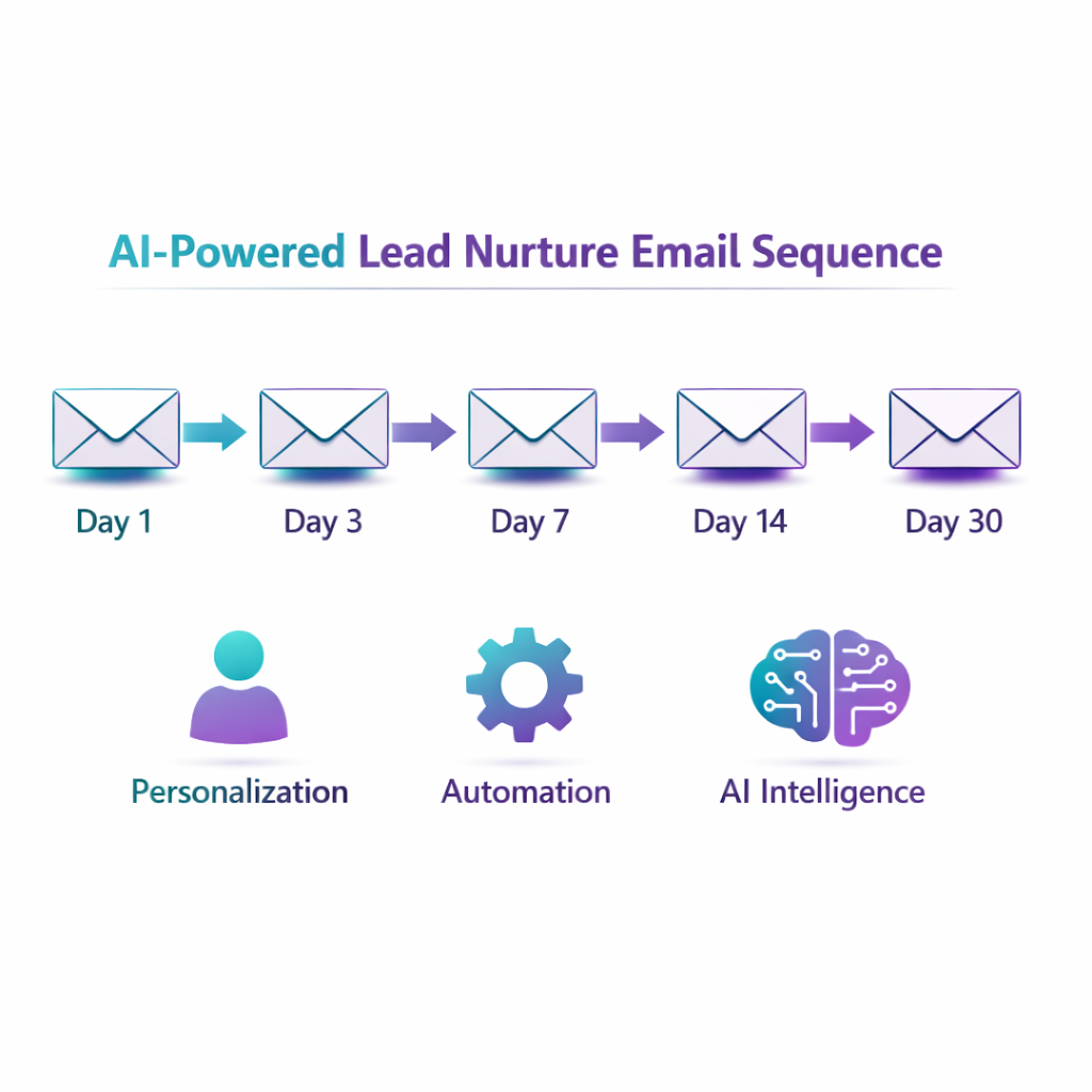 Visual diagram showing an AI-powered email nurture sequence with 5 touchpoints over 30 days, each personalized based on lead behavior and engagement signals