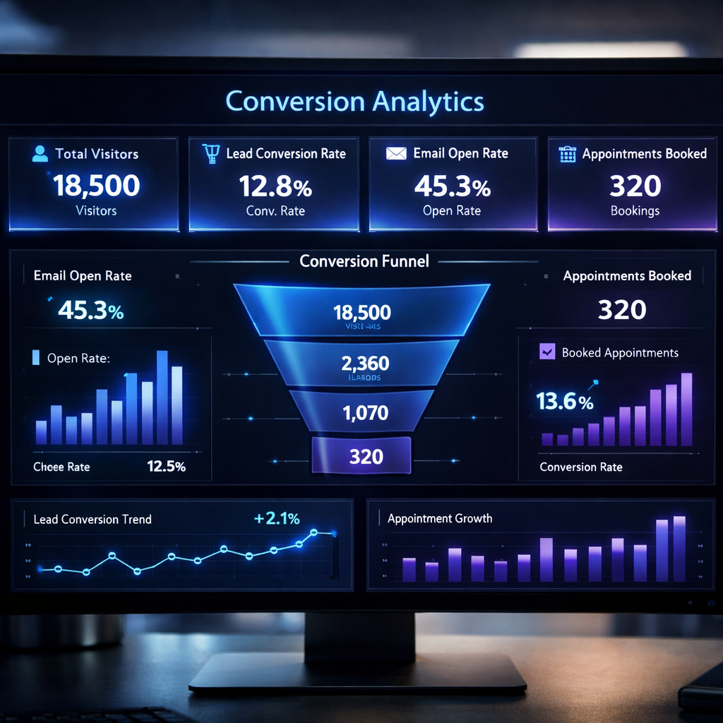 Marketing analytics dashboard showing funnel metrics including visitor conversion rates, email engagement, appointment bookings, and revenue attribution by channel
