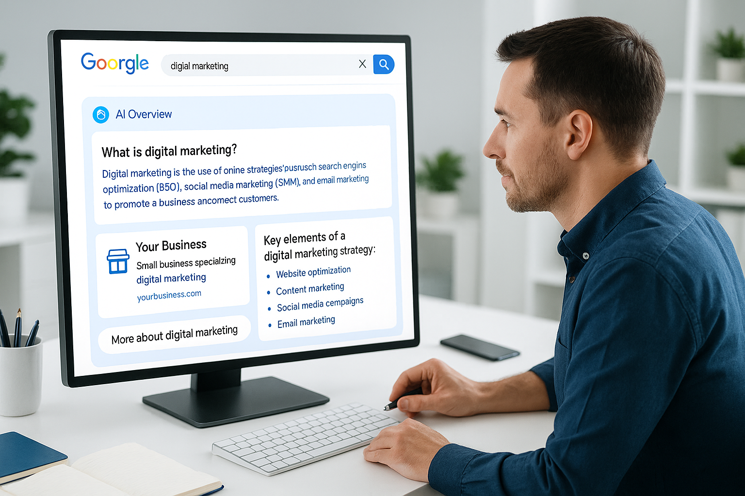 Business owner at desktop computer reviewing a Google AI Overview result showing their business listing and digital marketing strategy summary