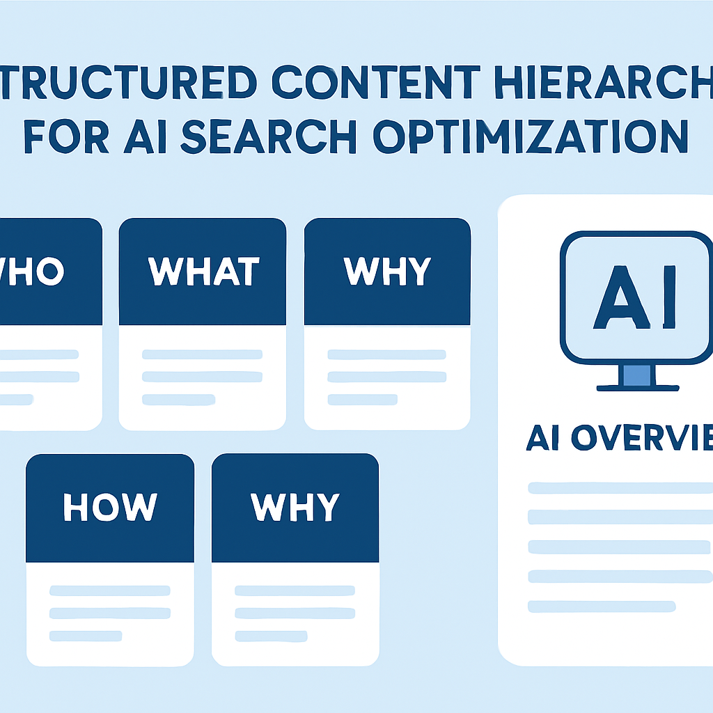 Structured content hierarchy diagram showing Who, What, Why, How content cards feeding into an AI Overview result panel