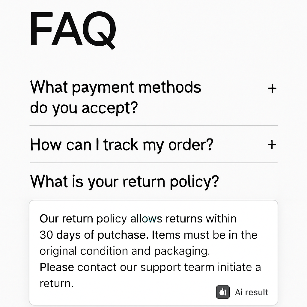 FAQ accordion interface showing expandable questions about payments, order tracking, and return policy, with an AI-generated answer box displayed above