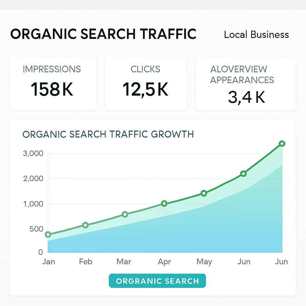 Local business organic search dashboard showing 158K impressions, 12.5K clicks, 3.4K AI Overview appearances, and a traffic growth trend line from January to June