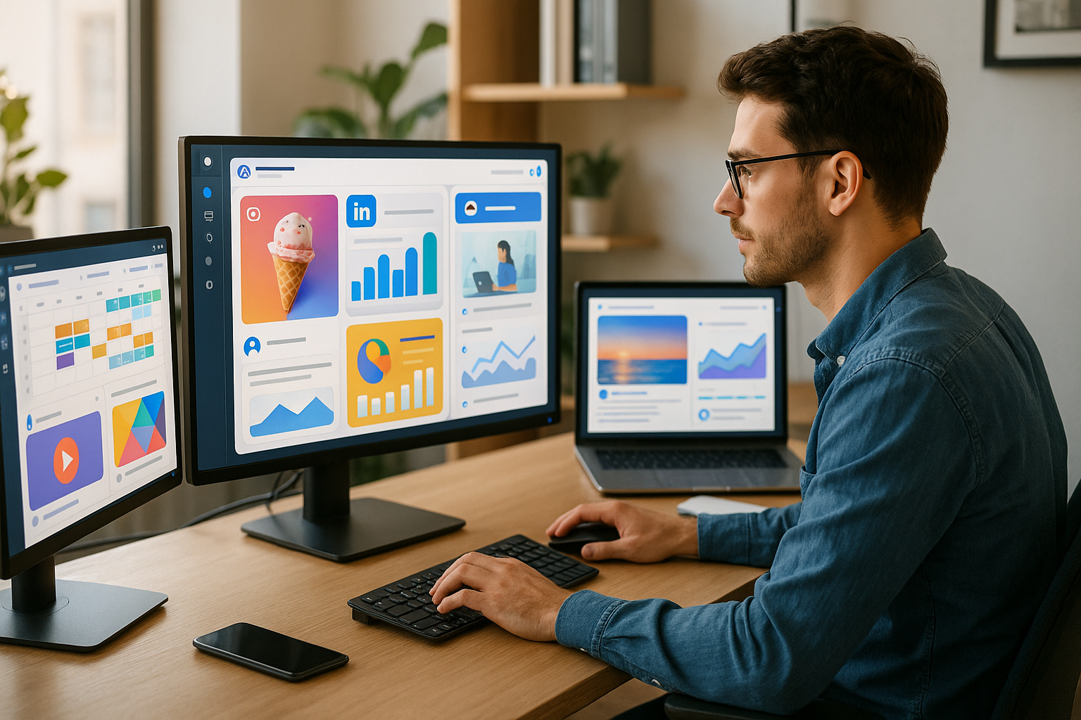 Small business owner reviewing AI-generated social media content on multiple screens in a modern office