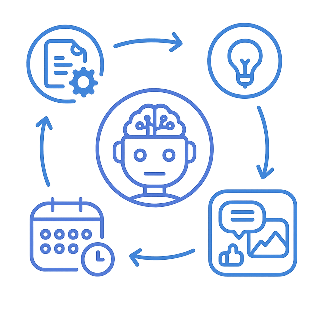 AI content creation workflow showing input, generation, and scheduling process