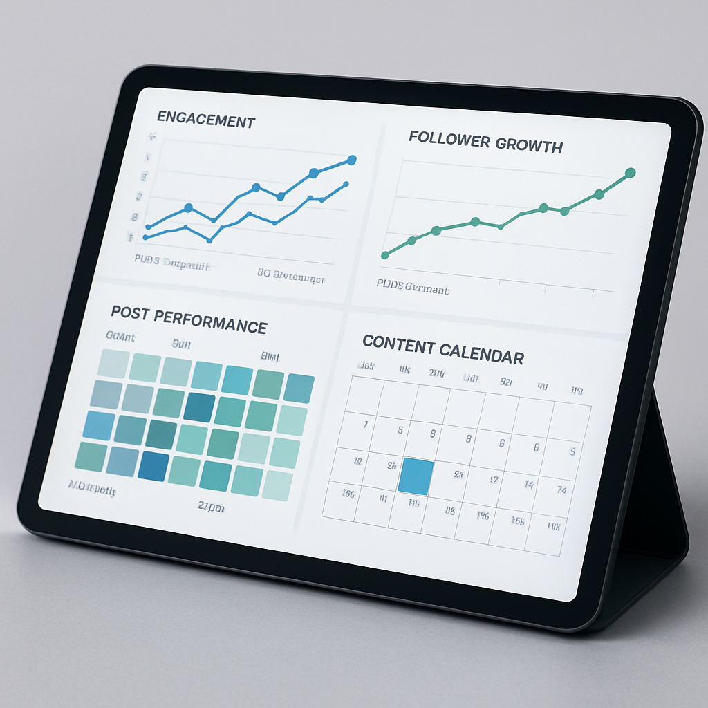 Analytics dashboard showing social media performance metrics and content calendar