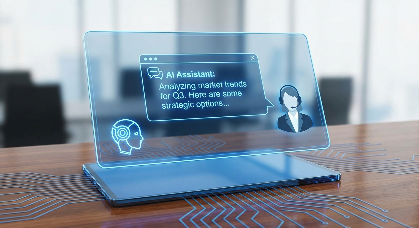 Conversational AI interface helping a business professional on a tablet