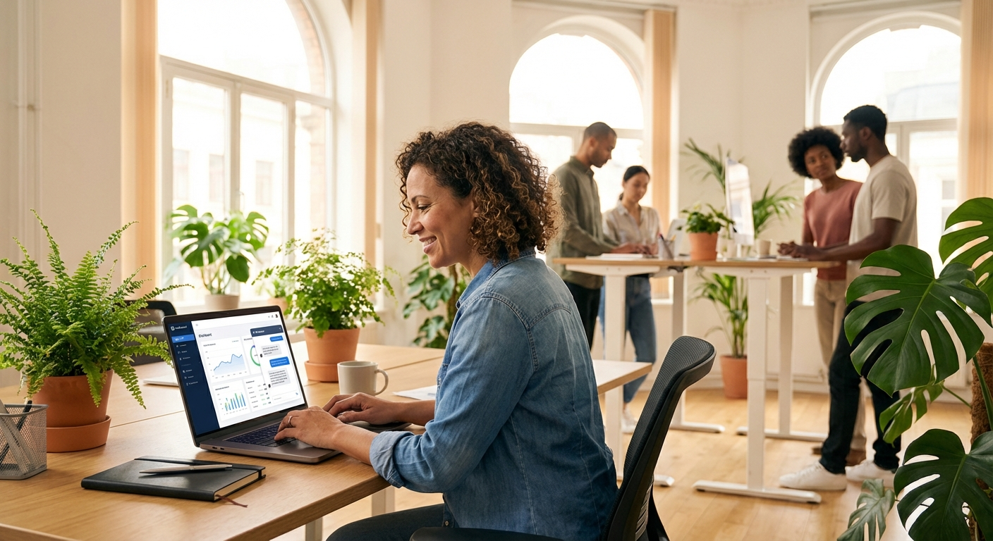 Small business owner using AI tools on laptop in modern office